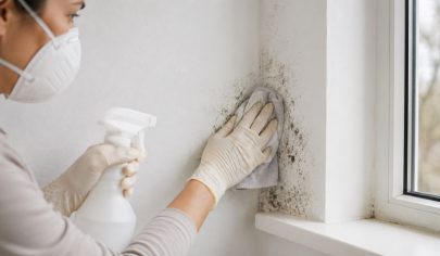 تمیز کردن کپک دیوار با ماسک و دستکش محافظ به‌صورت ایمن